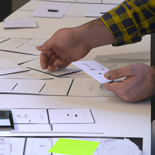 Ner working at a desk, surrounded by design mockups and sketches, focused on designing a user interface