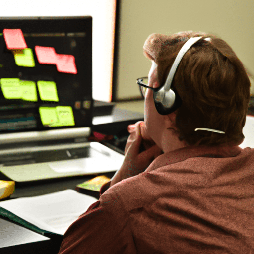 N in a workroom wearing a headset, looking intently at a laptop screen as their hands type away, while a pile of post-it notes with user needs noted on them are nearby