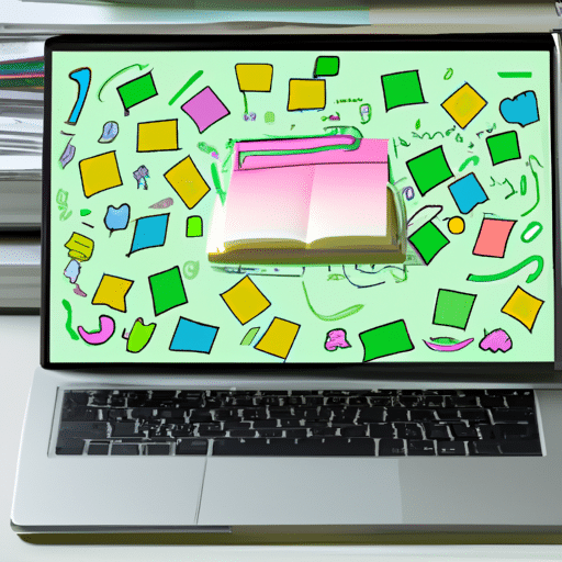  laptop with an evernote icon in the center of the screen, surrounded by a scattered array of post-its with colorful, handwritten notes and doodles