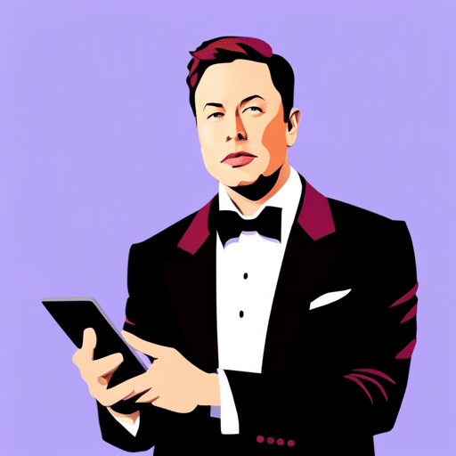 Alist, detailed illustration of a busy Elon Musk holding a multi-colored, glowing smartphone, connected to a laptop by a cord