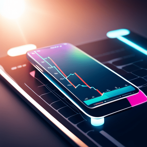 Ful, 3d-rendered image of a smartphone with a trading app open, with a graph of rising prices displayed on the screen