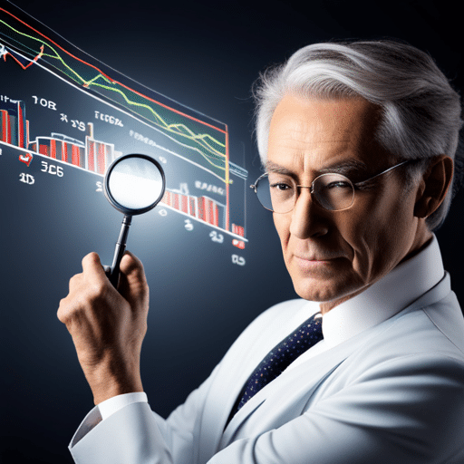R confidently analyzing a stock chart, with a magnifying glass zooming in on a particular trend