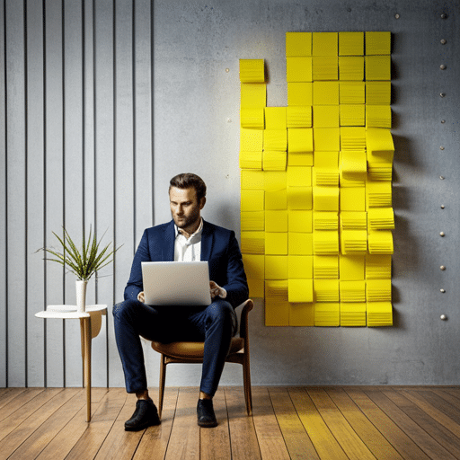 N with a clipboard and a laptop standing in front of a customised wall of post-its, arranged in a grid