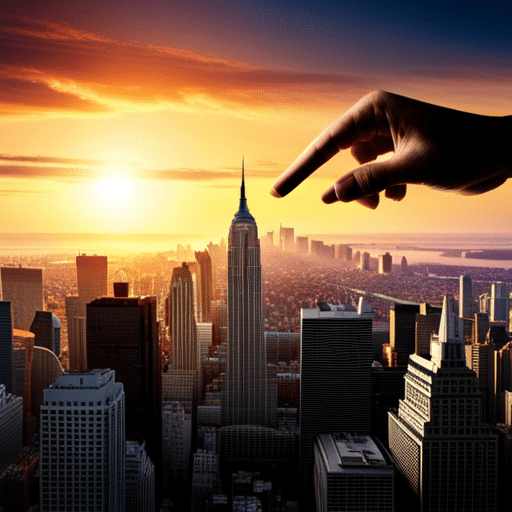 Pointing to a graph that shows the fluctuation of the stock market, with a background of a rising skyline