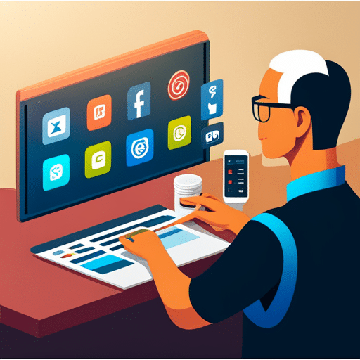 Stration of a person looking at a screen with various app icons, each containing a distinct function, and a hand pointing to one