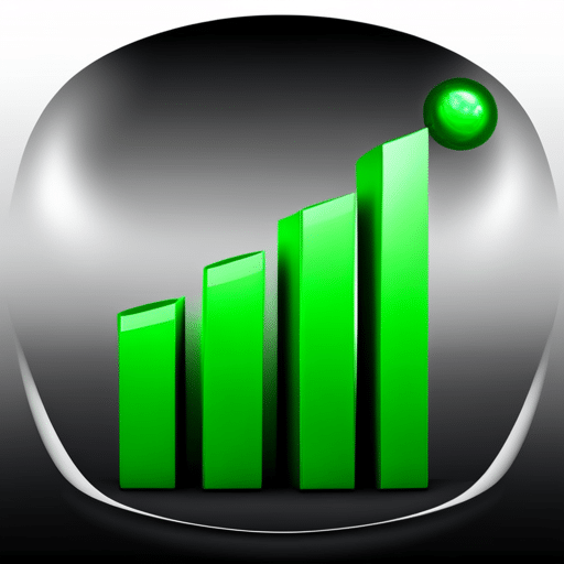 with a steady upward climb representing stock prices, surrounded by a bright green circle and highlighted with a futuristic symbol