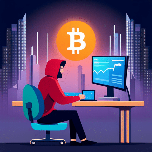 E of a person in a hoodie hacking into a computer system, with a backdrop of a graph showing a dramatic increase in the crypto market