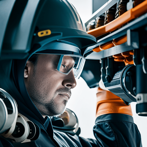 -up image of a person in safety gear, examining a complex, interconnected network of machinery in an industrial setting