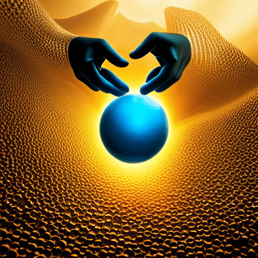 T image of a person with arms outstretched, reaching towards a glowing blue orb surrounded by a pool of molten gold coins