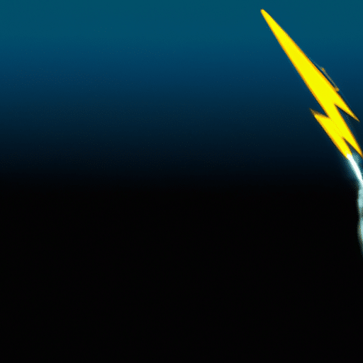 Yellow lightning bolt against a dark blue background with a silhouette of a rocket taking off in the center