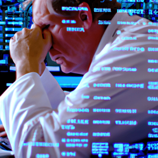 N in a lab coat hunched over a computer, surrounded by a flurry of digital numbers and charts, with a determined expression of concentration
