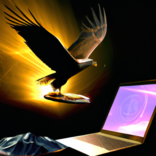 Stration of an eagle soaring over a mountain of gold coins and an open laptop with a glowing crypto symbol