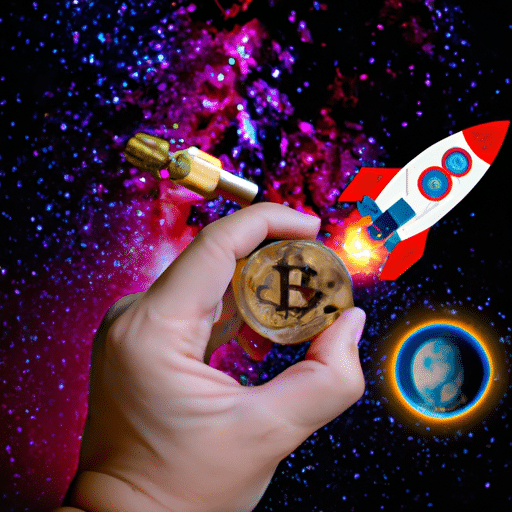 Holding a golden bitcoin, a Tesla, and a rocket, with a background of stars and galaxies
