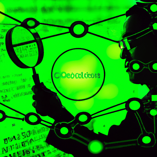 Ter scientist looking at a blockchain network with a magnifying glass, surrounded by glowing green lines and symbols