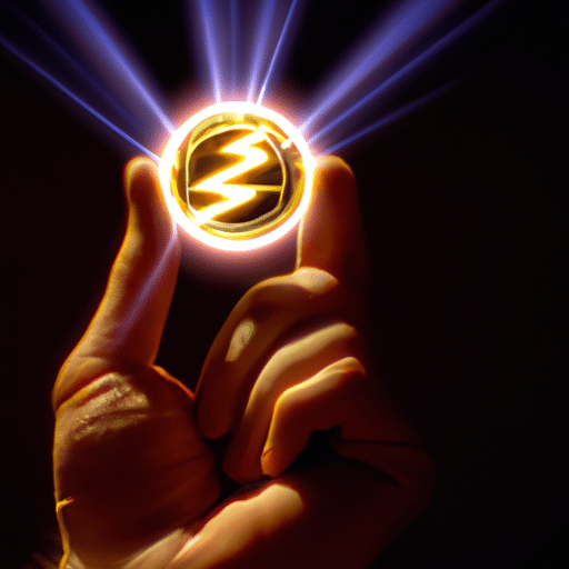 Holding a single golden crypto coin, with a glowing electric current radiating from behind, highlighting the protection of a sturdy shield