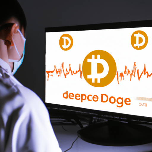 N in a white lab coat with a Dogecoin logo on the chest, standing in front of a computer monitor with crypto code scrolling down the screen
