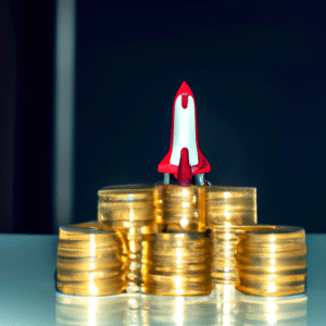 of golden coins with a rocket ship in the background, symbolic of Musk's innovation and success in crypto research and development