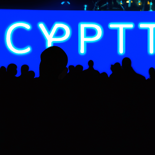 Uette of a suited figure standing in front of a crowd of people, pointing up towards a glowing neon sign that reads "CRYPTO"