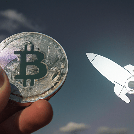 -up of a hand holding a silver Bitcoin coin, with sunlight reflecting off its surface, against a backdrop of a rocket taking off