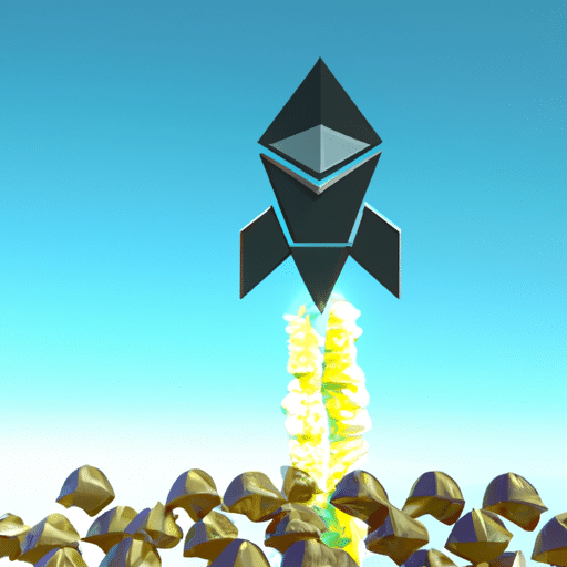 Ndering of a rocket soaring through a field of Ethereum coins, with the rocket's exhaust trail dispersed in the form of a dollar sign