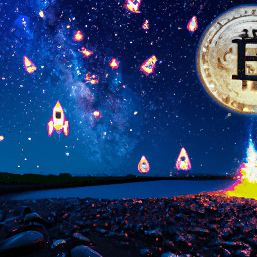 Ze a rocket launch with crypto coins raining down and creating a glowing, star-filled sky