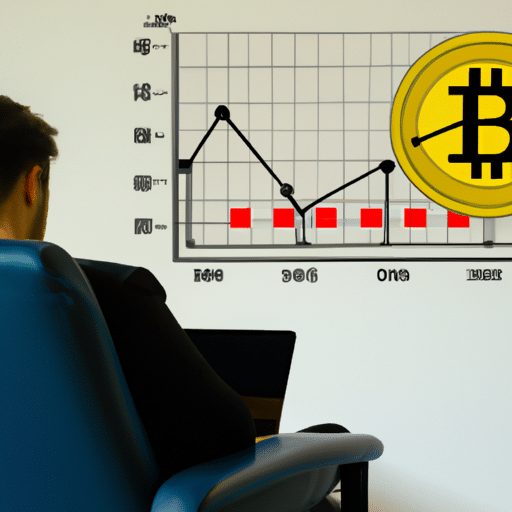 N in business attire wearing a Bitcoin lapel pin, sitting in a chair with a laptop, looking intently at a graph of Bitcoin's performance on a wall