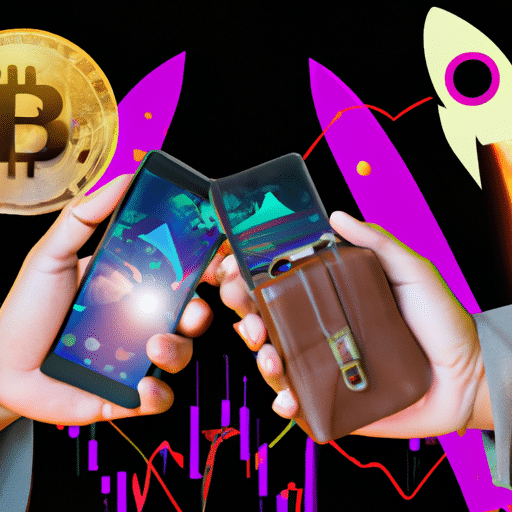  image of two hands clasped in partnership, one with a briefcase full of crypto coins and the other with a smartphone pointing to a graph of a rocket taking off
