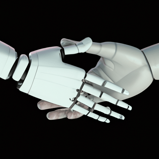 E of two hands, one robotic and one human, shaking hands in a gesture of cooperation
