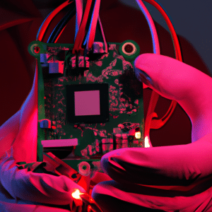 -up of a person's hands wearing a protective glove, holding a circuit board with a large crypto-mining chip in the center, surrounded by wires and small LED lights
