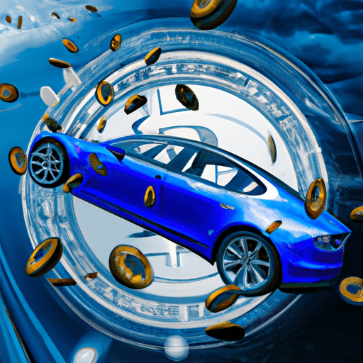 A powerful, electric-blue Tesla car, with a wheel suspended midair, surrounded by a storm of bitcoin and other crypto coins