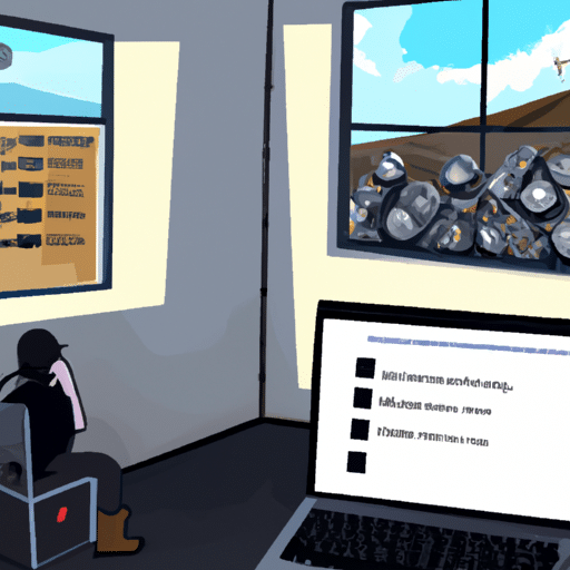 By-side illustration of a person looking out a window at a mountain of crypto mining equipment, beside them a checklist of safety gear and supplies