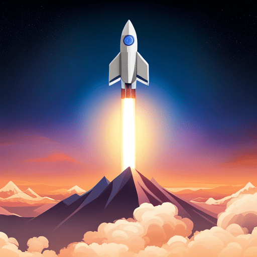 charting the rise of the cryptocurrency market alongside a rocket ship taking off into the sky