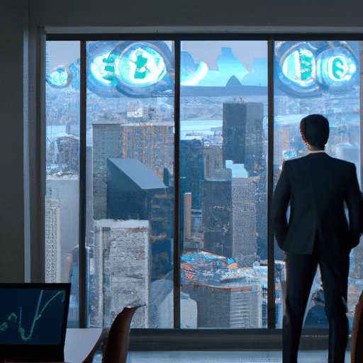 Of a person in a business suit, looking out of a large window, at a skyline of tall buildings and illuminated cryptocurrency trading graphs