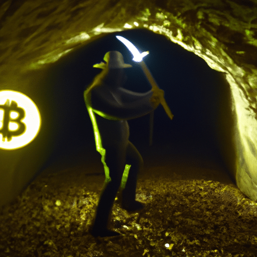 E of a person using a pickaxe to mine a block of gold in an underground tunnel, with a digital currency symbol emanating from the block