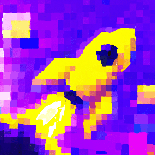 T, vibrant purple and yellow illustration of a rocket soaring among colorful pixelated shapes representing digital currencies