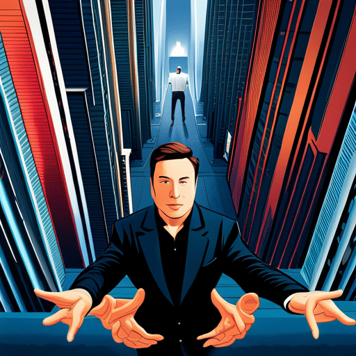 E of a dynamic and modern cityscape in the background, with a larger-than-life figure of Elon Musk in the foreground in a determined and powerful stance, with his arms outstretched and his eyes fixed on the horizon