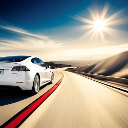 Riving on a highway, with a blue sky and a white Tesla logo in the background