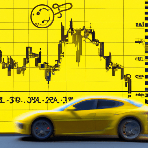 A graph of cryptocurrency prices over time, with a bright yellow Tesla car zooming up the chart