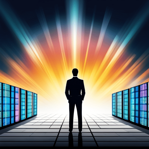 E of a person in a business suit, standing in front of a wall of cryptocurrency trading graphs, with a determined expression