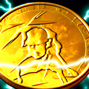A gold coin with a lightning bolt striking through it, with a space-themed background