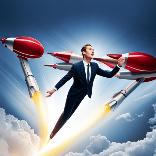 N in a business suit standing in a field of rockets with a hand outstretched, palm up, as if launching them