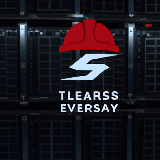 A computer server with a miner's helmet and a Tesla logo on it in an energy efficient data center
