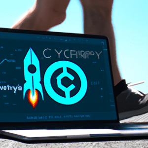 N running, a laptop with a crypto logo, and a SpaceX rocket in the background