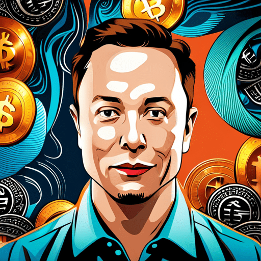 Ract depiction of Elon Musk's face in the center, surrounded by a swirling mix of digital currency icons, colors, and shapes