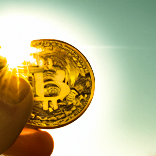 -up of a hand holding a golden-colored cryptocurrency coin, with the sun's rays shining behind it