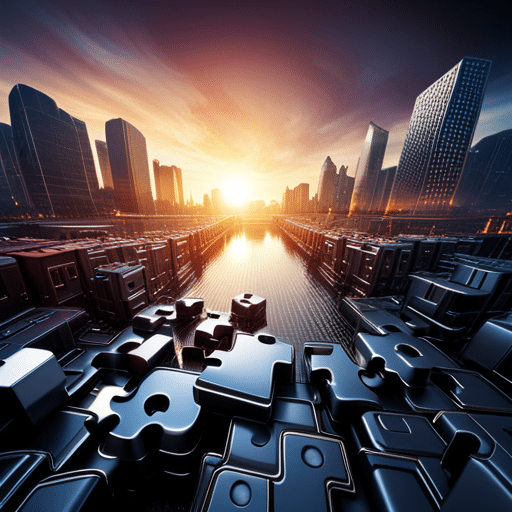 Ract image of a jigsaw puzzle with pieces of different shapes and sizes, made of futuristic materials, slowly coming together