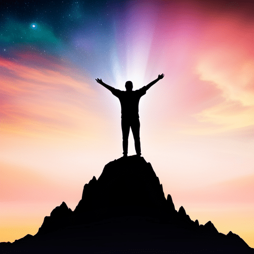 E with a silhouette of a person with arms outstretched, standing atop a mountain of colorful stars