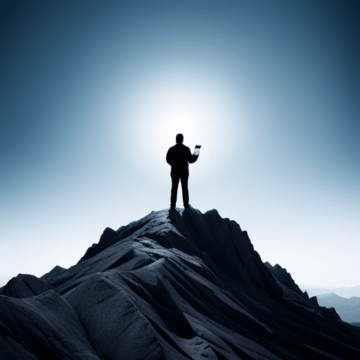 E of a person with a determined expression, standing on a mountain peak looking out into a vast horizon of mountains, with a tablet or laptop in their hands