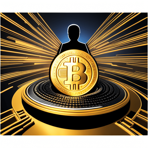 An image of a person holding a golden Bitcoin surrounded by a futuristic landscape